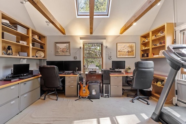 office space featuring high vaulted ceiling, beam ceiling, a skylight, baseboard heating, and light colored carpet