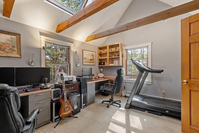 office space with a wealth of natural light, light carpet, beam ceiling, and high vaulted ceiling