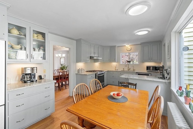 dining space featuring light wood-style floors, crown molding, a chandelier, and radiator heating unit