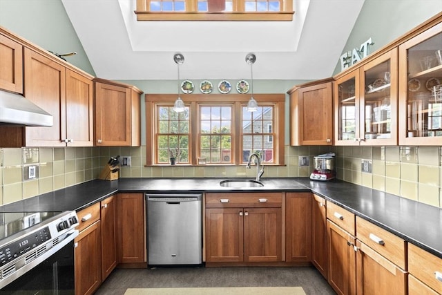112 Hollett St, Scituate, MA 02066 - kitchen featuring appliances with stainless steel finishes, lofted ceiling, under cabinet range hood, a sink, and dark countertops