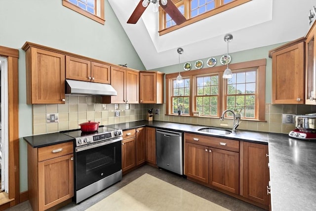112 Hollett St, Scituate, MA 02066 - kitchen featuring stainless steel appliances, under cabinet range hood, a ceiling fan, a sink, and brown cabinets