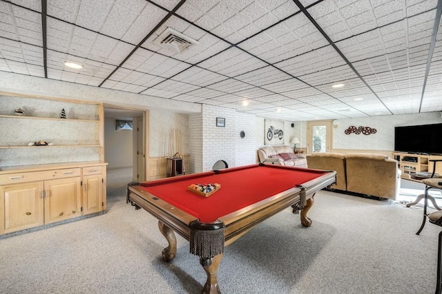game room with a paneled ceiling, visible vents, pool table, and light carpet