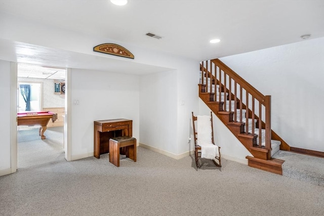 staircase with baseboards, visible vents, carpet flooring, and pool table