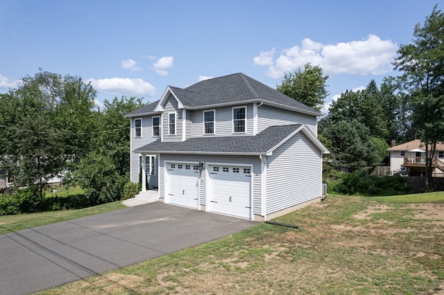 view of property exterior featuring a garage and a lawn