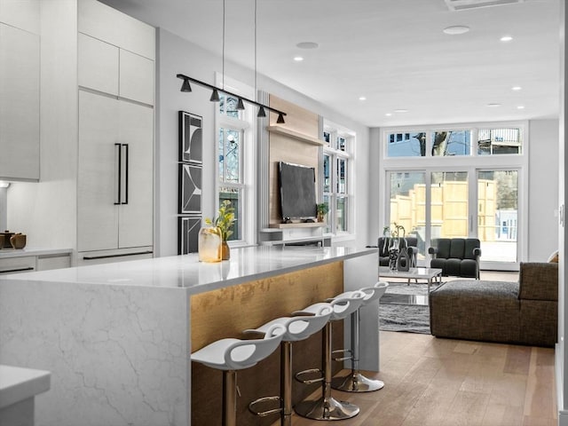 kitchen with light wood-style flooring, modern cabinets, white cabinetry, and light stone counters