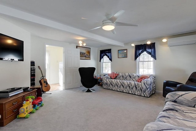 carpeted living area with ceiling fan, beamed ceiling, and a wall mounted air conditioner