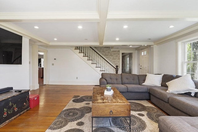 living area featuring crown molding, stairs, recessed lighting, baseboards, and wood finished floors