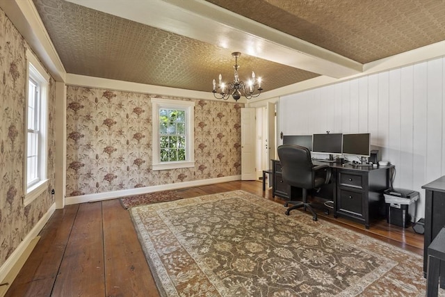 office area featuring an inviting chandelier, baseboards, hardwood / wood-style floors, and a healthy amount of sunlight