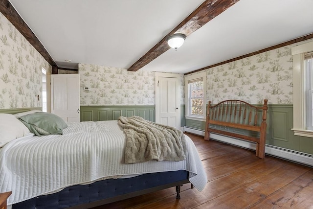 bedroom with wood-type flooring, a wainscoted wall, wallpapered walls, beamed ceiling, and a baseboard heating unit