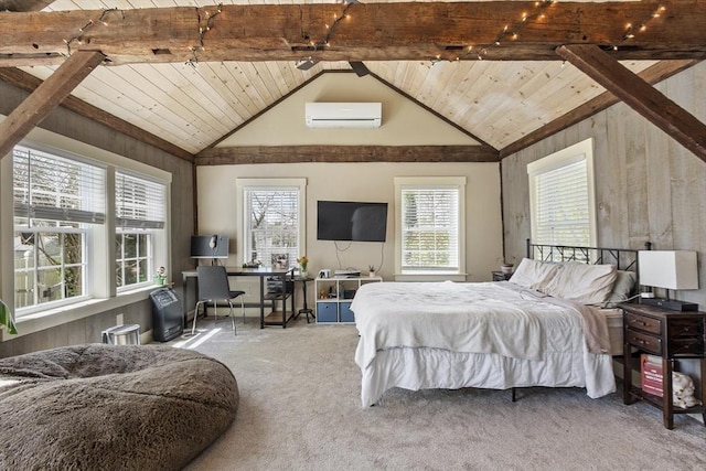 carpeted bedroom with an AC wall unit, lofted ceiling with beams, wood ceiling, and wooden walls