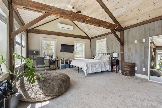 bedroom featuring carpet, wood ceiling, vaulted ceiling with beams, and a wall mounted AC