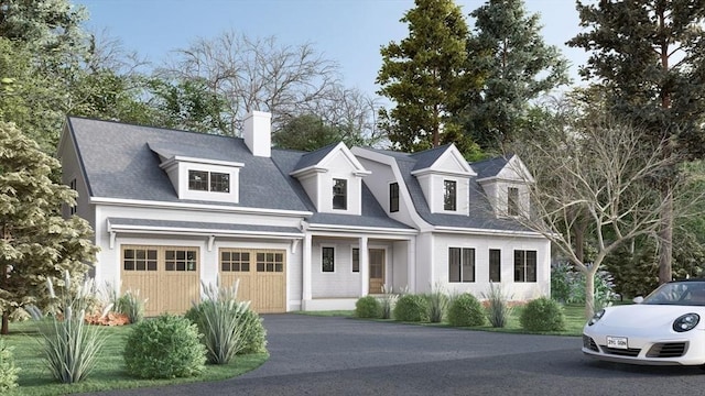 cape cod house featuring aphalt driveway, a chimney, and a garage