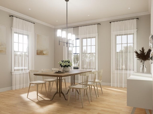 dining area with an inviting chandelier, ornamental molding, and light hardwood / wood-style flooring