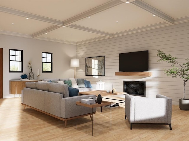 living room featuring beam ceiling, light hardwood / wood-style flooring, coffered ceiling, and wood walls