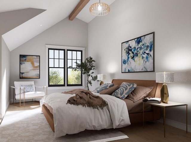 bedroom with vaulted ceiling with beams