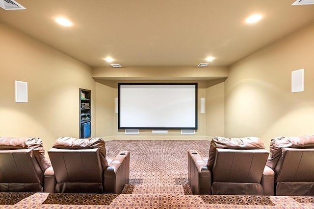 home theater with carpet, visible vents, and recessed lighting