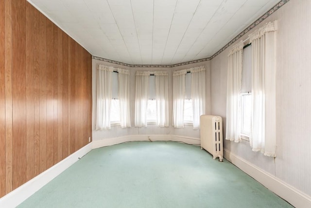 spare room with wooden walls, radiator, carpet, and baseboards