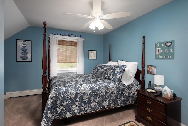 74 E Main St Unit 3, Gloucester, MA 01930 - bedroom featuring a baseboard heating unit, carpet, lofted ceiling, baseboards, and ceiling fan