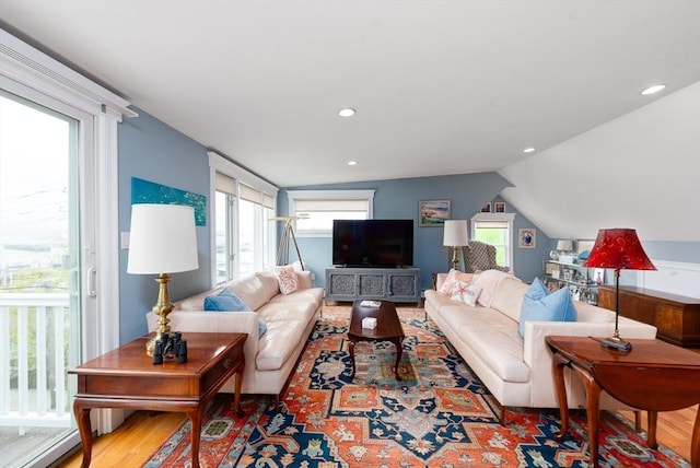 74 E Main St Unit 3, Gloucester, MA 01930 - living area featuring wood finished floors, lofted ceiling, and recessed lighting