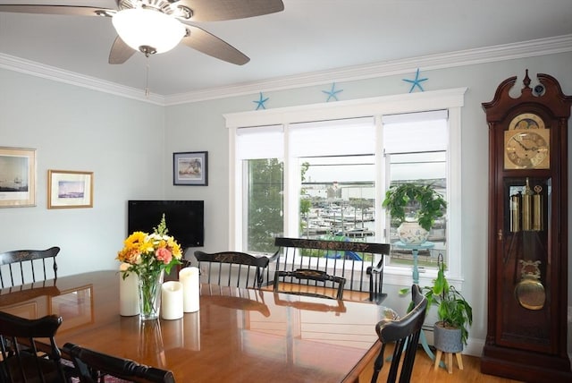 74 E Main St Unit 3, Gloucester, MA 01930 - dining area with ornamental molding, ceiling fan, and wood finished floors