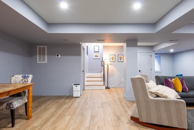 16 Walker St Unit 16, Medford, MA 02155 - living area with light wood-style flooring, stairs, baseboards, and recessed lighting