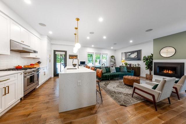 16 Walker St Unit 16, Medford, MA 02155 - kitchen featuring high end stove, under cabinet range hood, a warm lit fireplace, white cabinetry, and light wood finished floors