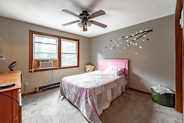 bedroom featuring cooling unit, a baseboard radiator, ceiling fan, and carpet flooring