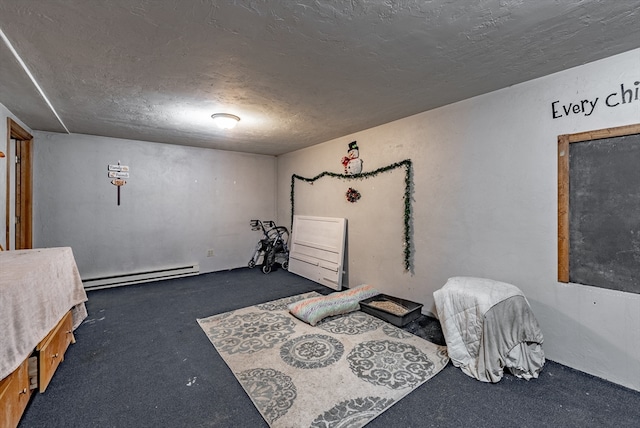 carpeted bedroom with baseboard heating and a textured ceiling