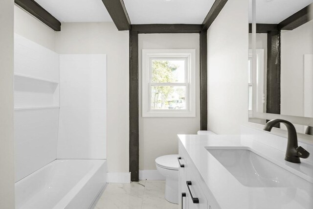 full bath with vanity, tub / shower combination, marble finish floor, baseboards, and toilet