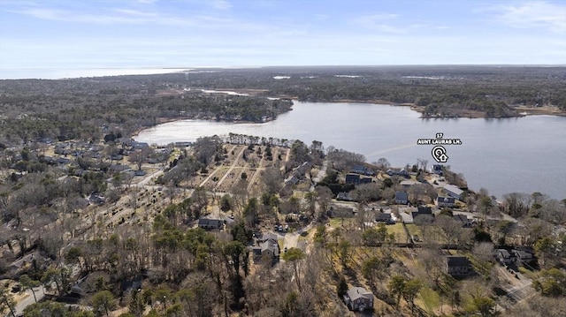 birds eye view of property with a wooded view and a water view