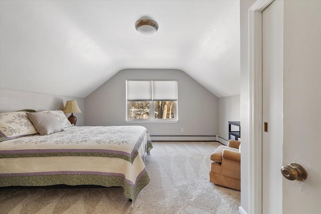 carpeted bedroom with lofted ceiling and baseboard heating