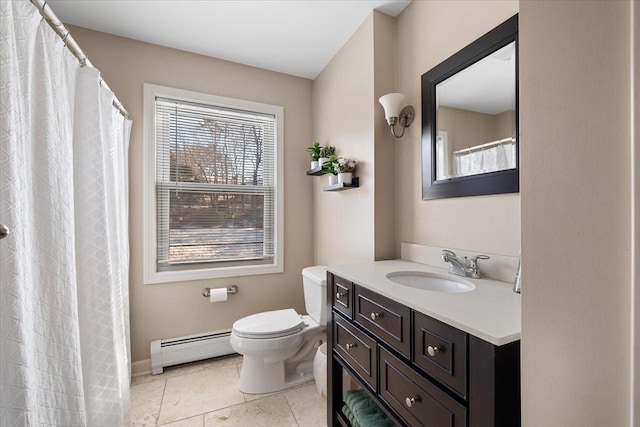 full bathroom featuring a baseboard radiator, toilet, vanity, tile patterned flooring, and baseboards