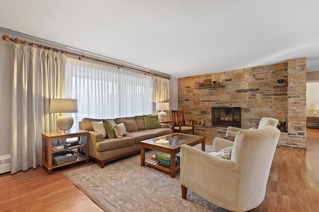 living area featuring wood finished floors and a stone fireplace