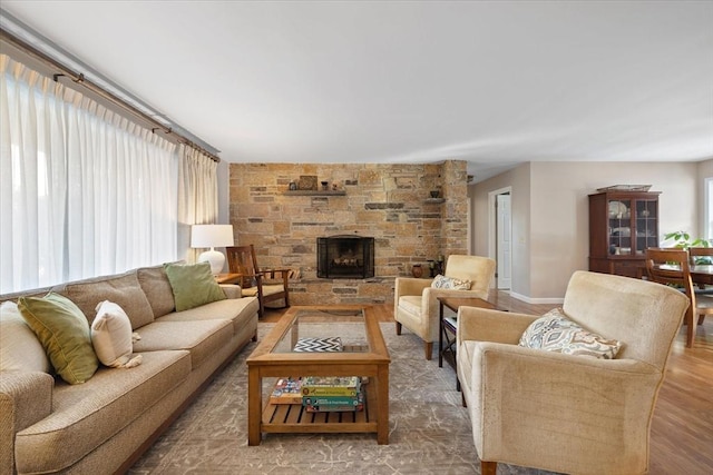 living room featuring baseboards, wood finished floors, and a stone fireplace