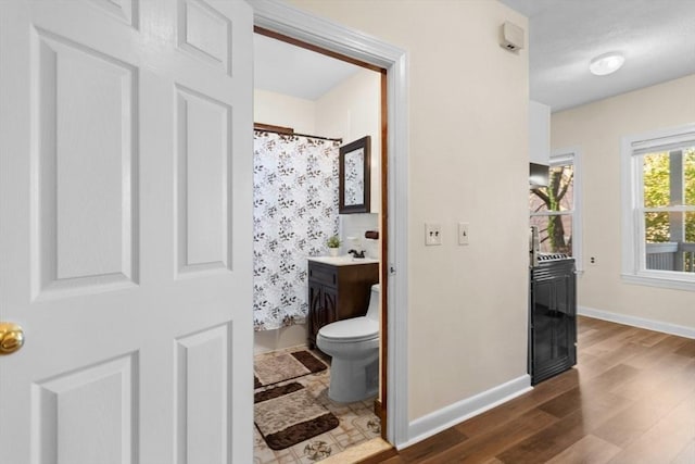 bathroom with hardwood / wood-style flooring, vanity, and toilet