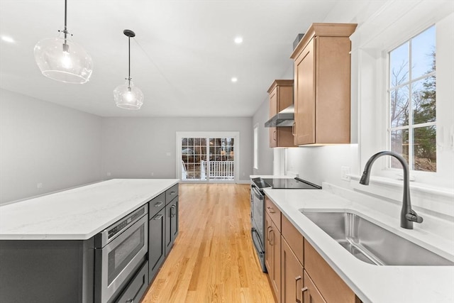 27 Leonard St Unit 27, Bridgewater, MA 02324 - kitchen with appliances with stainless steel finishes, exhaust hood, light wood-style flooring, decorative light fixtures, and a kitchen island