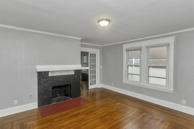 80 Rochelle St, Springfield, MA 01109 - unfurnished living room with baseboards, a fireplace with flush hearth, crown molding, and dark wood-type flooring