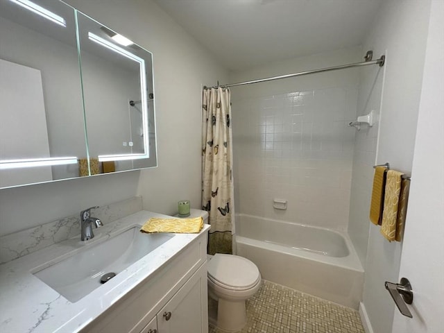 full bath with shower / tub combo, vanity, toilet, and tile patterned floors