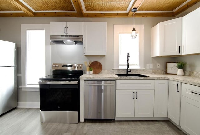 kitchen featuring stainless steel appliances, white cabinets, pendant lighting, wood ceiling, and sink