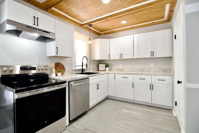 kitchen with appliances with stainless steel finishes, sink, white cabinetry, wooden ceiling, and hanging light fixtures