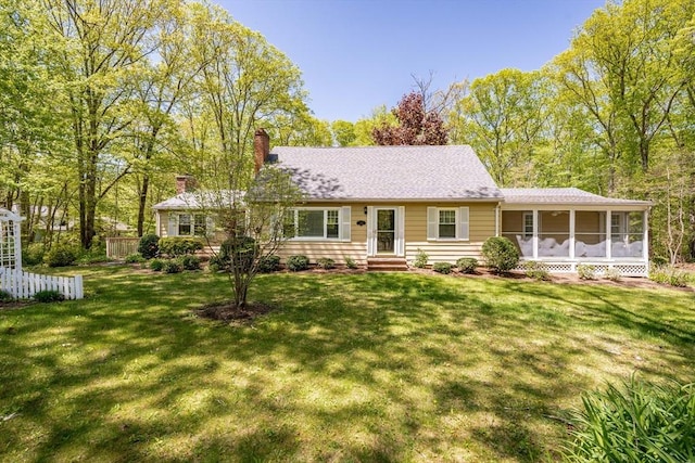 313 Bennett Rd, Hampden, MA 01036 - ranch-style house with a sunroom, a chimney, and a shingled roof