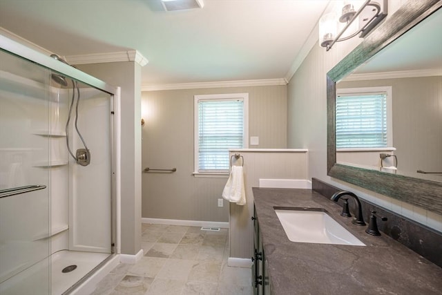 313 Bennett Rd, Hampden, MA 01036 - full bathroom featuring ornamental molding, a shower stall, vanity, and baseboards