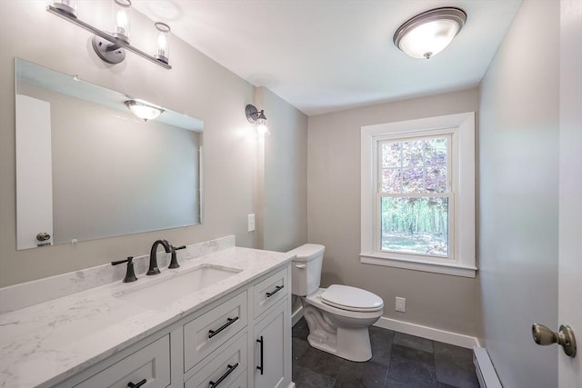 313 Bennett Rd, Hampden, MA 01036 - bathroom featuring toilet, baseboards, vanity, and baseboard heating