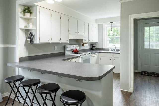 kitchen with white range with electric stovetop, under cabinet range hood, a sink, open shelves, and dark countertops