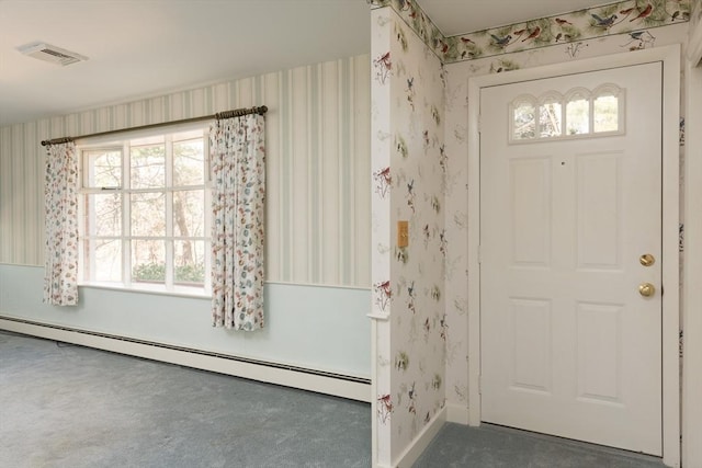 carpeted entryway featuring a baseboard heating unit, visible vents, and wallpapered walls