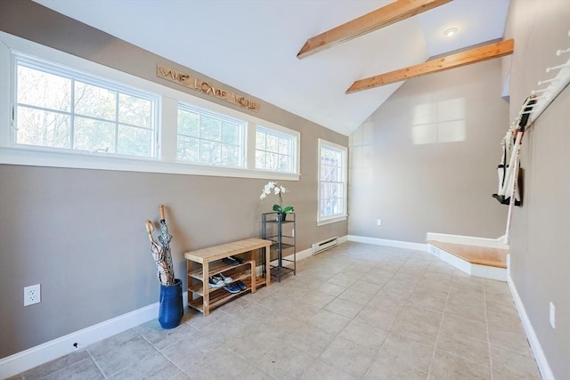 tiled living room with lofted ceiling with beams and a baseboard heating unit