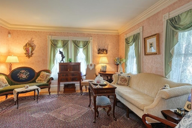 70 Main St, Northborough, MA 01532 - living area featuring plenty of natural light, ornamental molding, and wallpapered walls
