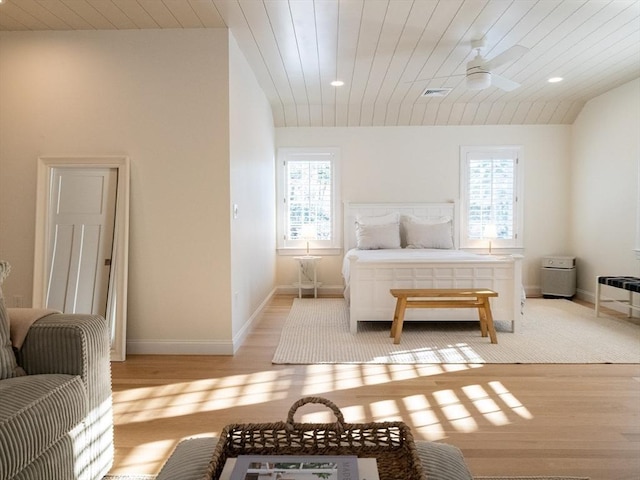 bedroom featuring wooden ceiling, light hardwood / wood-style flooring, and multiple windows