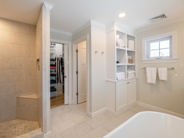 bathroom featuring tile patterned floors, ornamental molding, and shower with separate bathtub