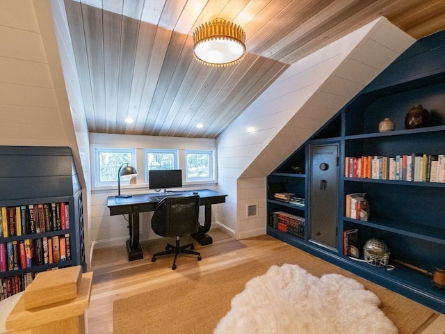 home office with wooden walls, wooden ceiling, wood-type flooring, vaulted ceiling, and built in shelves